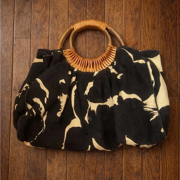 Old Navy Y2K Brown and Cream Tote with Wooden Handles - Picture 1 of 1